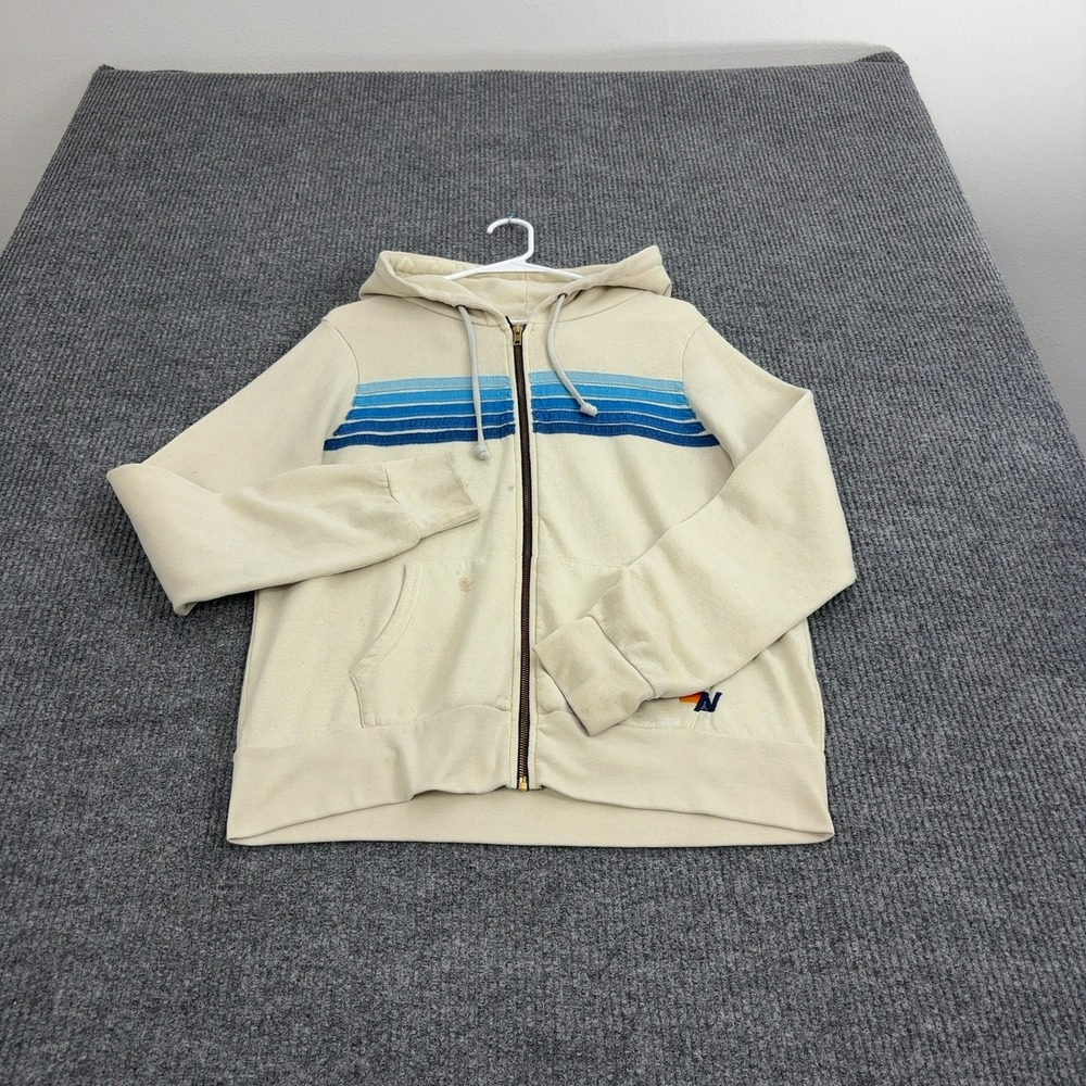Aviator Nation Zip Up Hoodie Mens M Cream Poly Cotton Blue Stripes Retro Surf